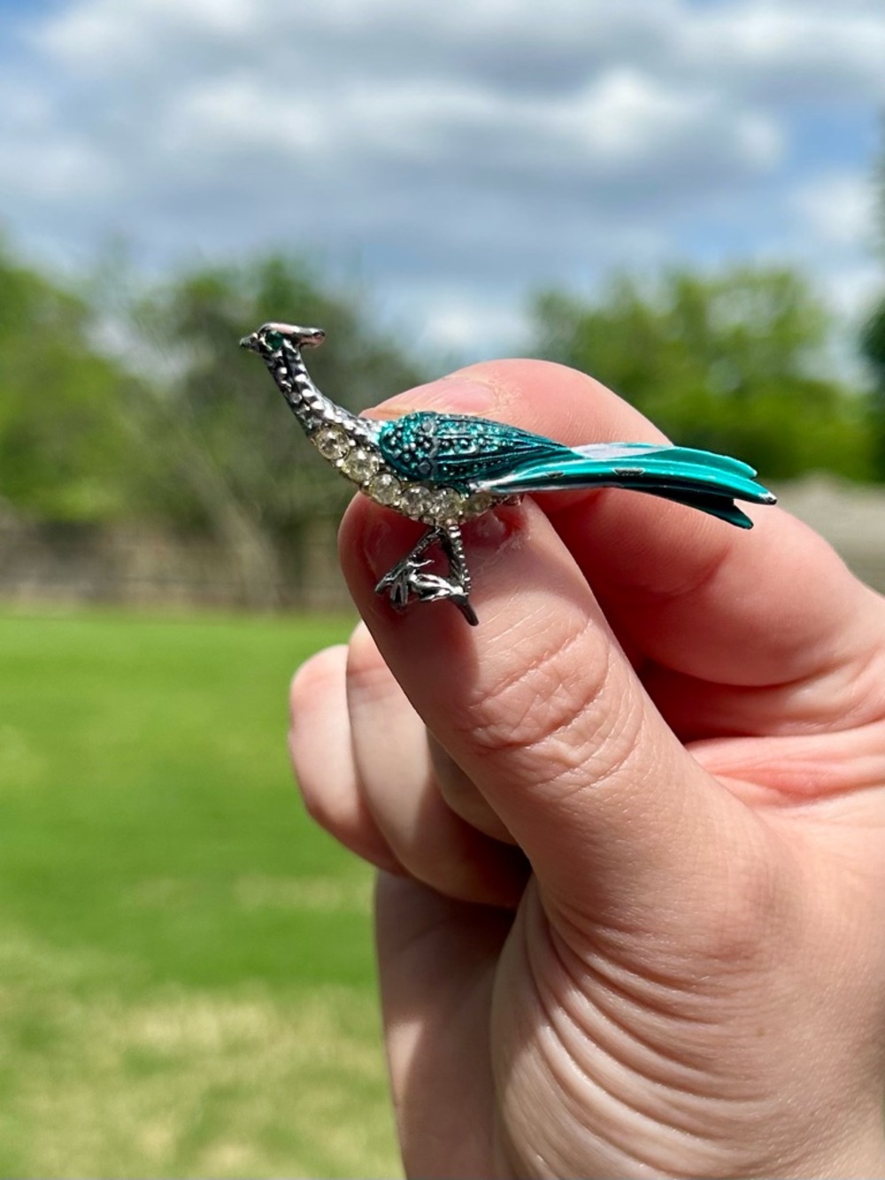 Teal and Crystal Enamel Pheasant Brooch EUC